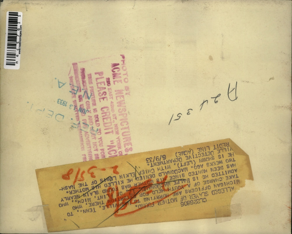 1933 Press Photo Balfe MacDonald Flint Mi. admitted killing mother, officer