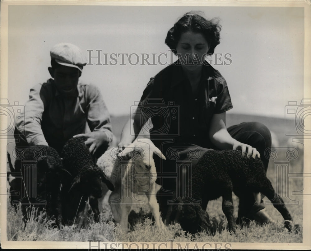 Press Photo Couple with White Lamb and Three Black Lambs in Santa Fe, New Mexico