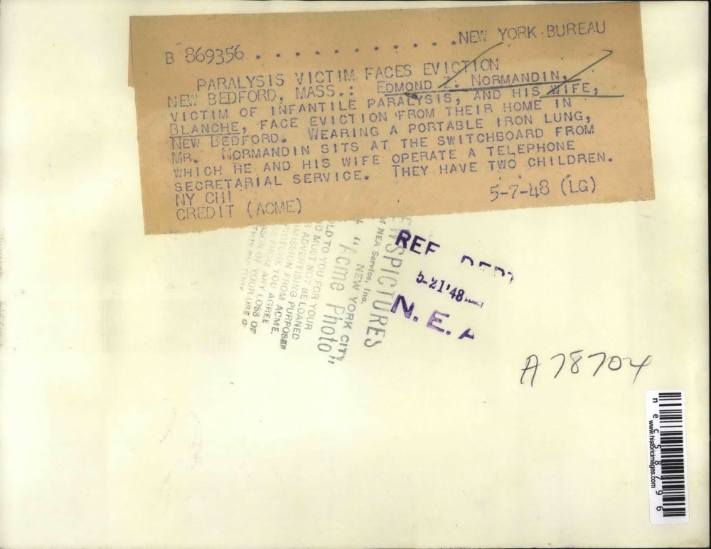 1948 Press Photo Edmond Normandin Suffers from Infantile Paralysis to be Evicted