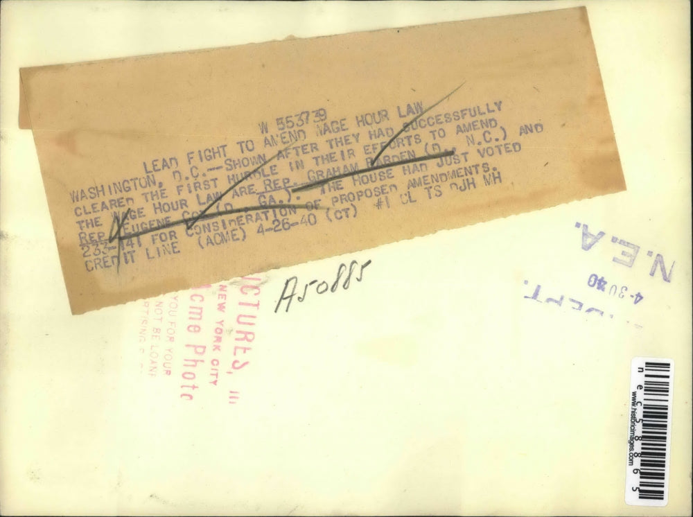 1940 Press Photo Washington DC Graham Barden Eugene Wage Hour Law Lobby