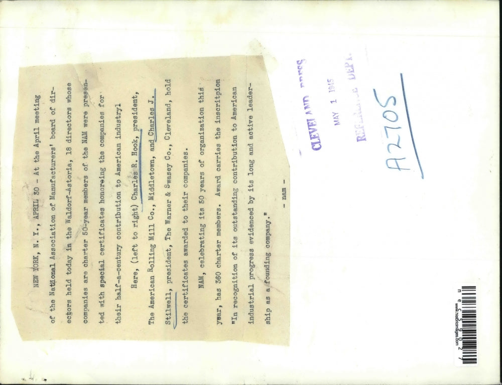 1945 Press Photo NYC, Natl Assoc of Mfg, Charles Hook, Charles Stillwell