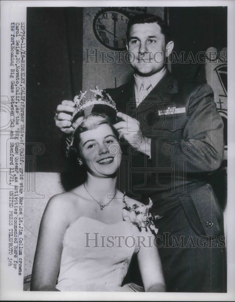 1953 Press Photo Marine Lt Jim Collum crowns Carol Seiss as Big Game Queen