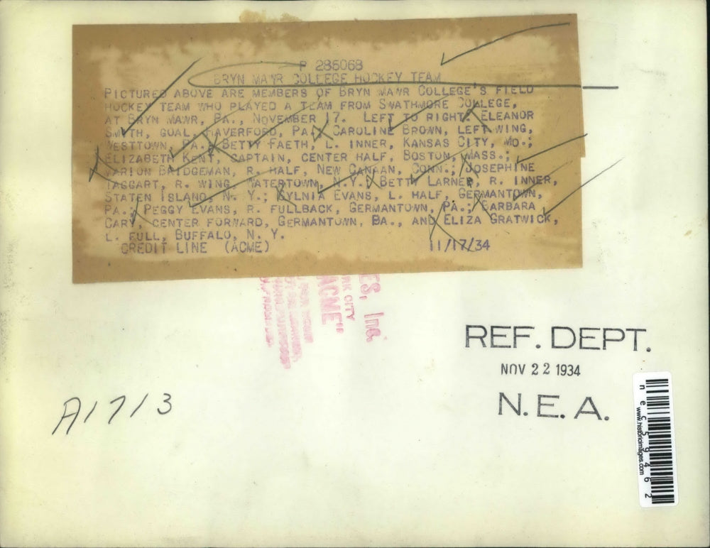 1934 Press Photo Bryn Mayr college Hockey team, Eleanor Smith, Caroline Brown,