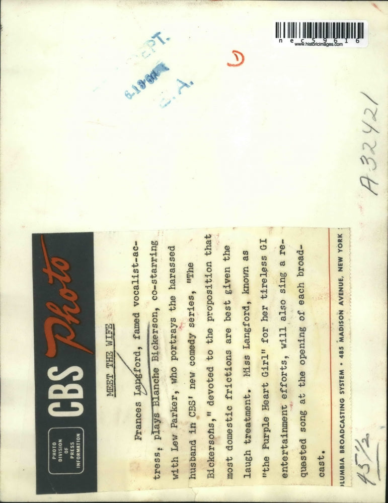 1951 Press Photo Famous Singer & Actress Frances Langfod on "The Bickersons"