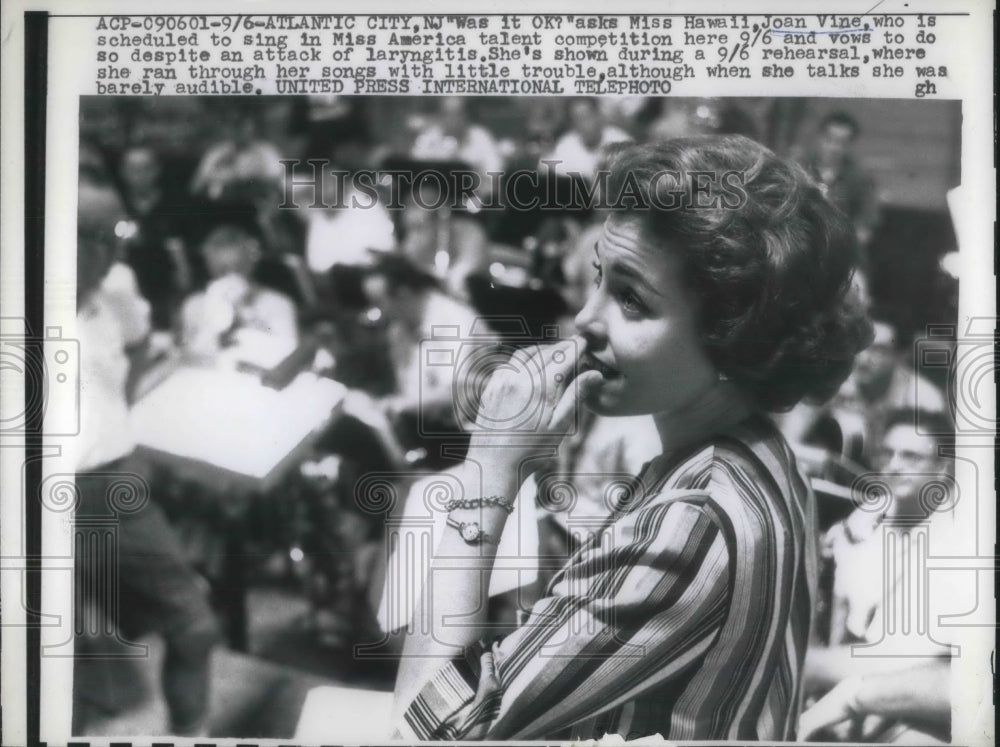 1961 Press Photo Joan Vine Ms Hawaii has laryngitis for the MS America pageant