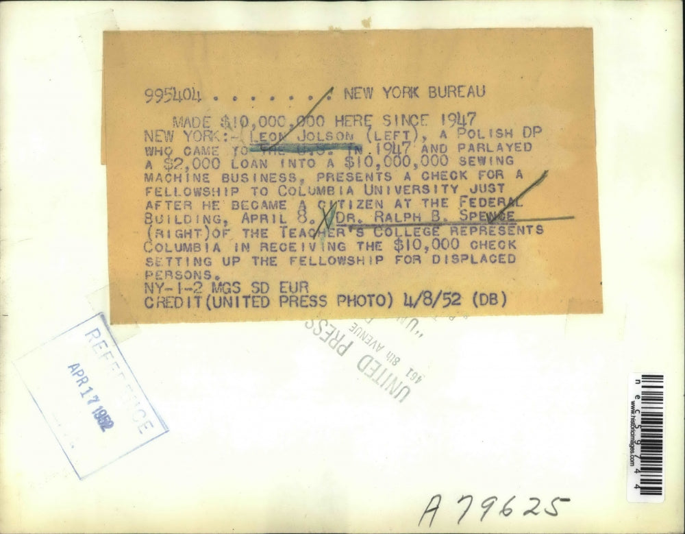 1952 Press Photo NYC, Leon Jolson & Dr Ralph Spence, teachers college Columbia