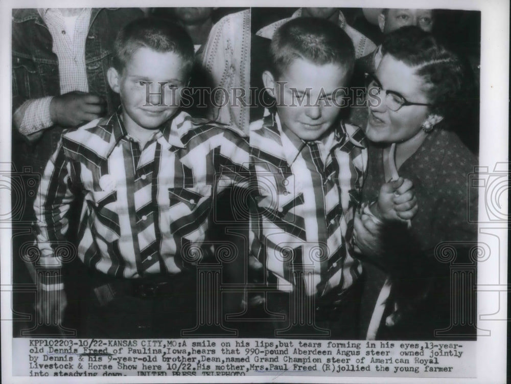 1956 Press Photo Brothers Dennis Freed and Dean win Champion Angus Steer at the - Historic Images