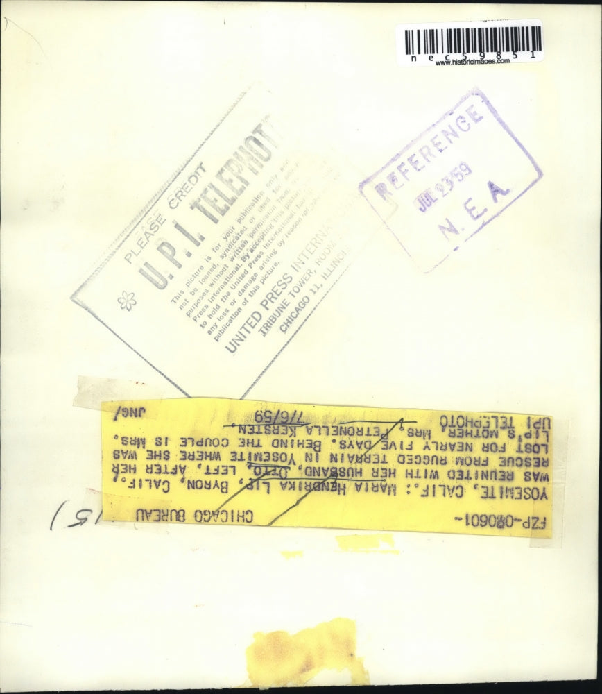 1959 Press Photo Yosemite, Calif Maria H Lip & husband Otto rescued from mts