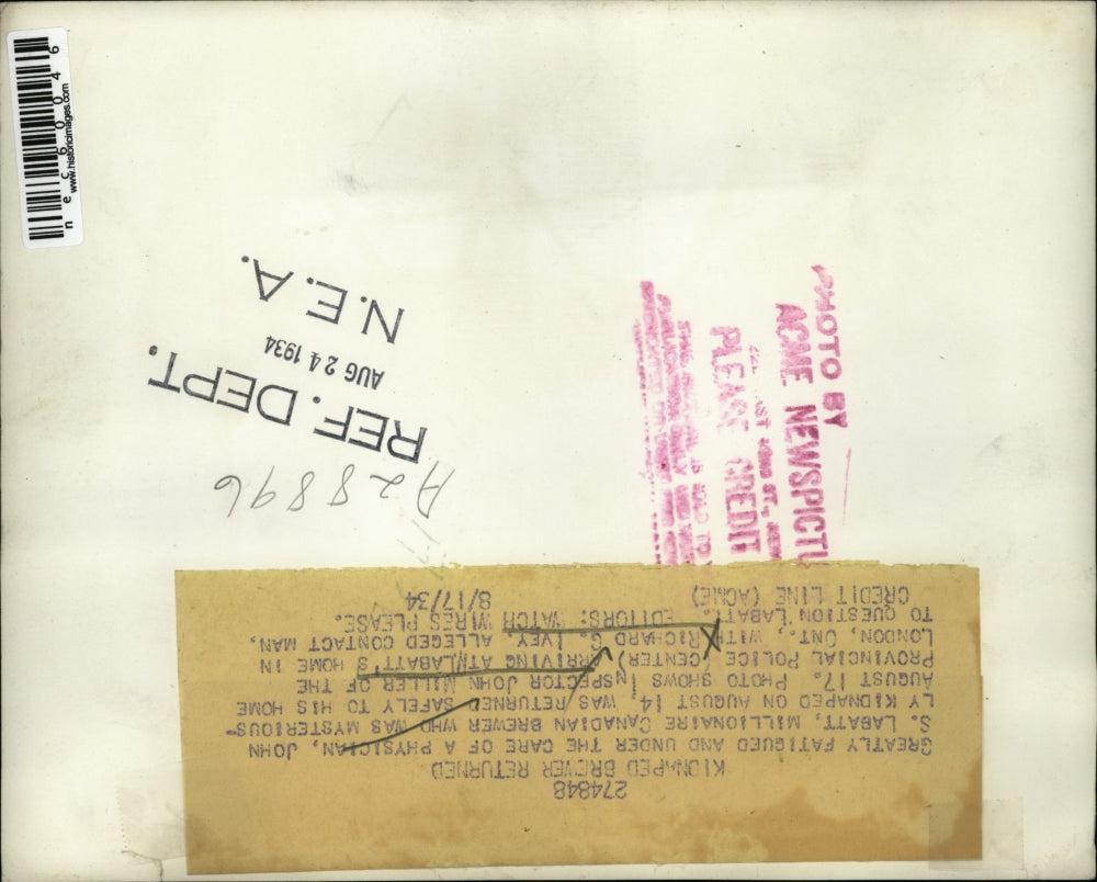 1934 Press Photo John Labatt returning home after being kidnapped