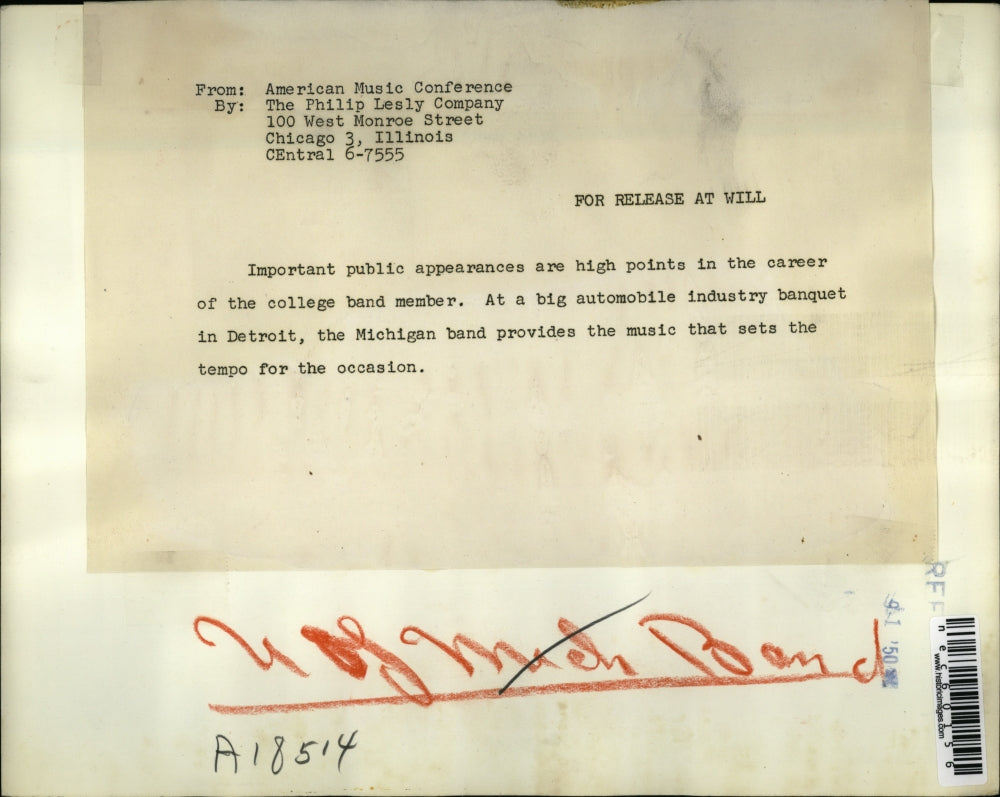 1950 Press Photo College band members at big automotive industry banquet