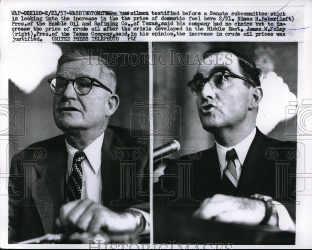 1957 Press Photo Hines Baker & James Foley testifying in the Senate - nec60450