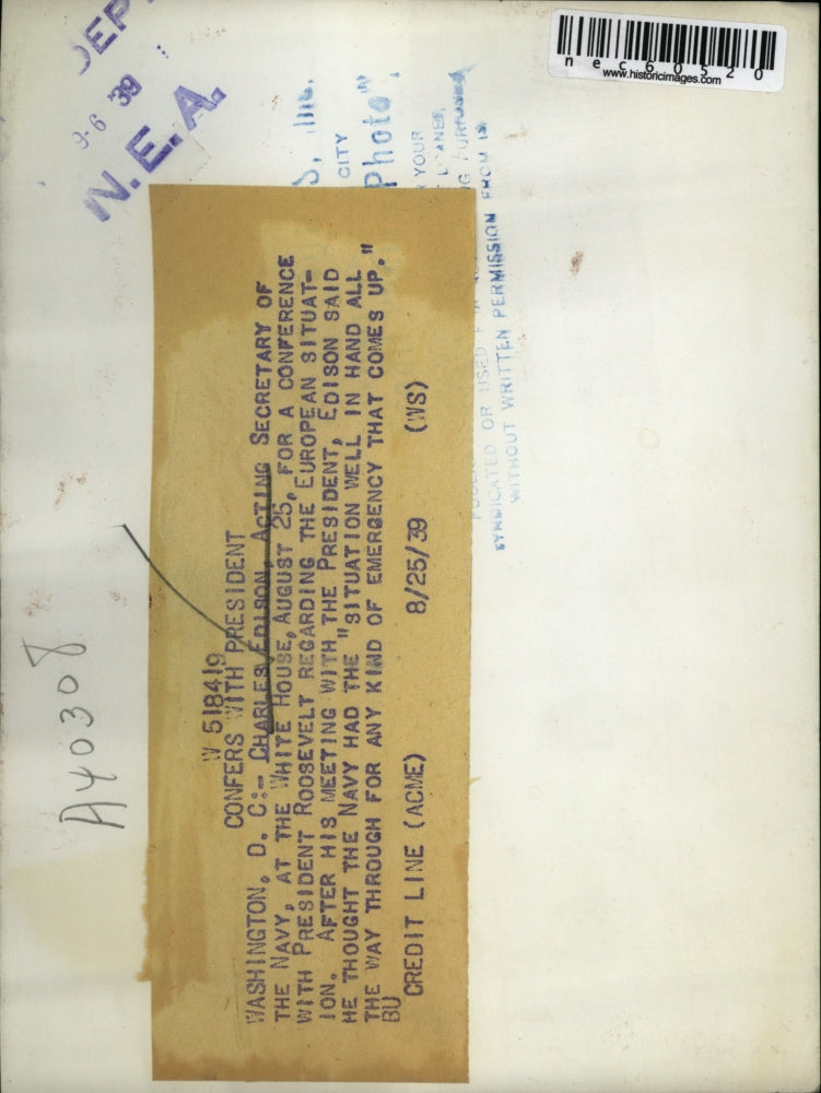 1939 Press Photo Acting Sec. of the Navy, Charles Edison at the White House