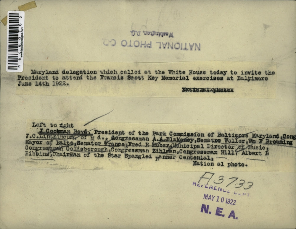 1922 Press Photo President to attend Francis Scoot Key Memorial exercises