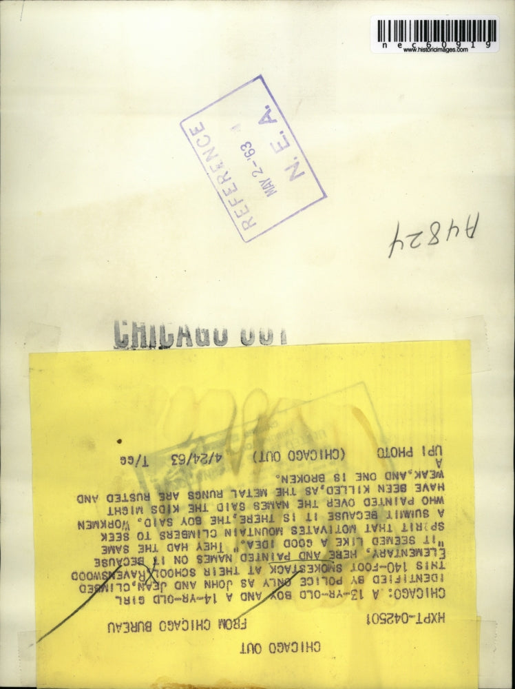 1963 Press Photo 2 Students of Ravenswood Elementary Climb & Paint Smokestack