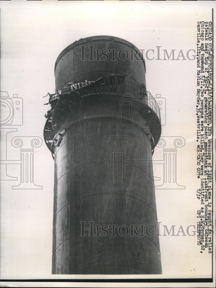 1963 Press Photo Wreckage of Small Plane Flew into Smokestack 2 People Killed- Historic Images