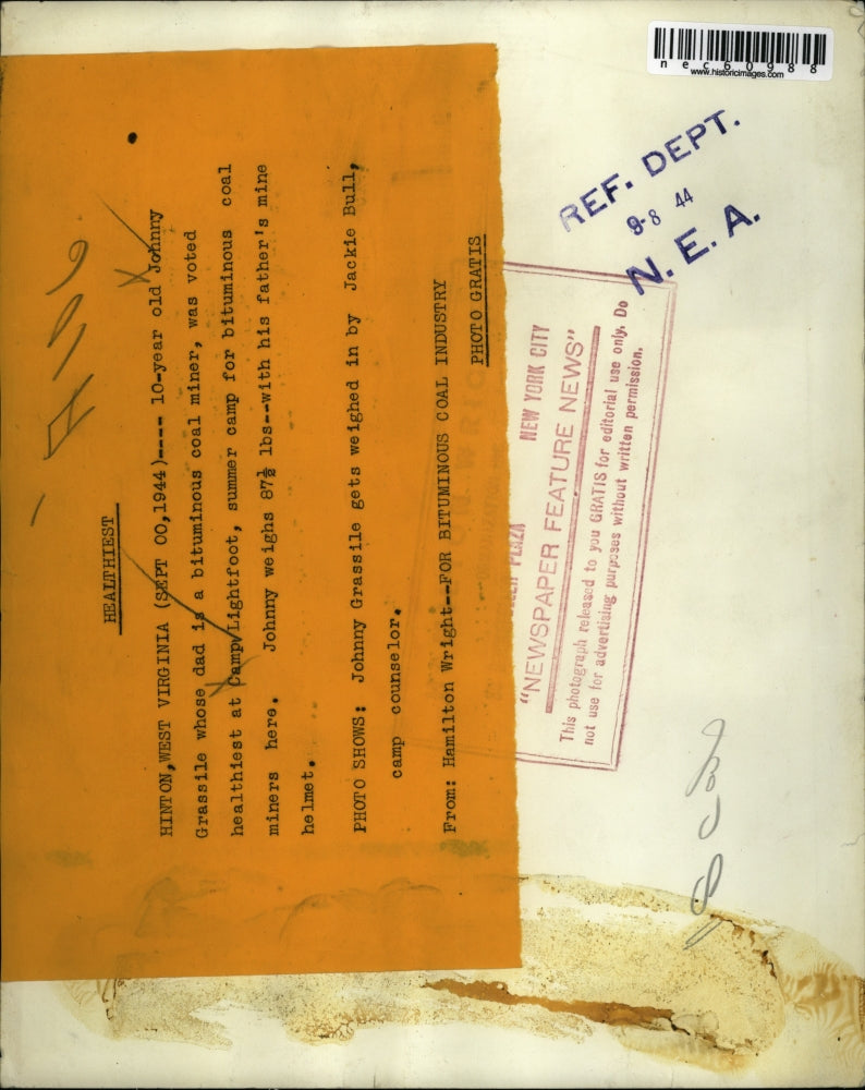 1944 Press Photo 10 yr old Johnny Grassile voted healthiest at Camp Lightfoot