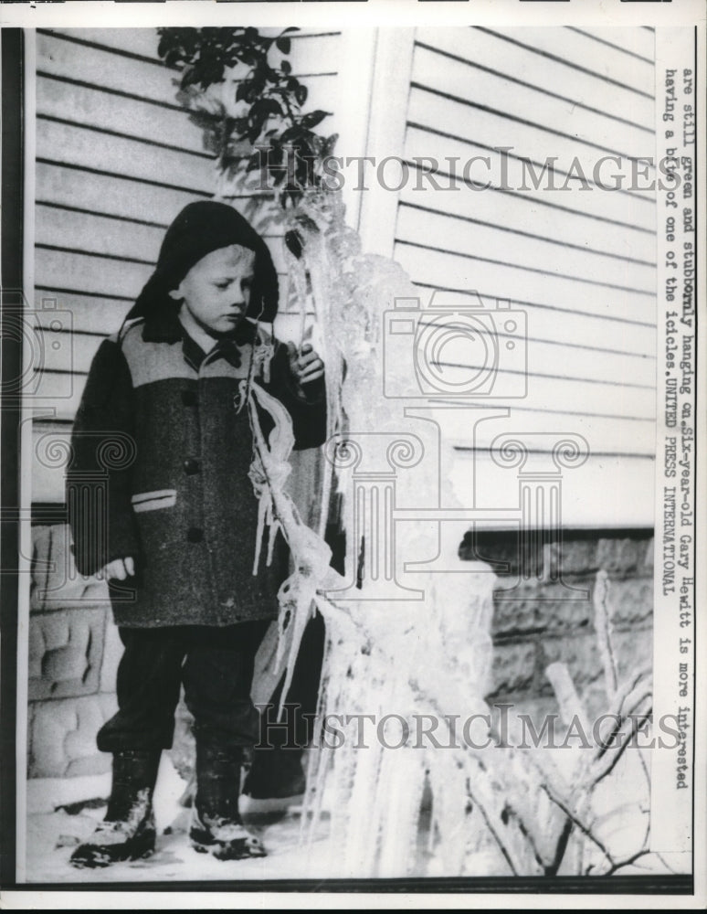 1958 Press Photo 6 year old Gary Hewitt take a bite of an icicle