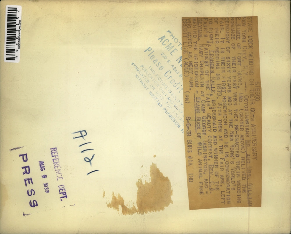 1939 Press Photo NYC, Mr & Mrs William Kindt re enact wedding after 60 years