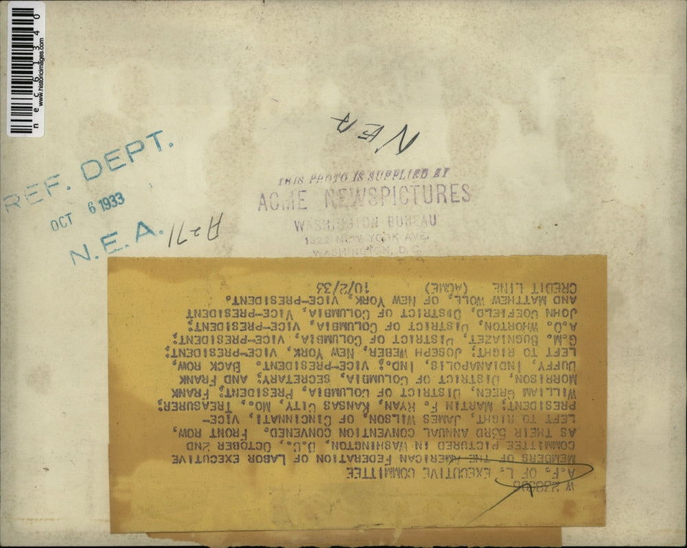 1933 Press Photo AFL in D.C.,Wilson,Ryan,Green, Morrison, Duffy,Weber,Bugniazet