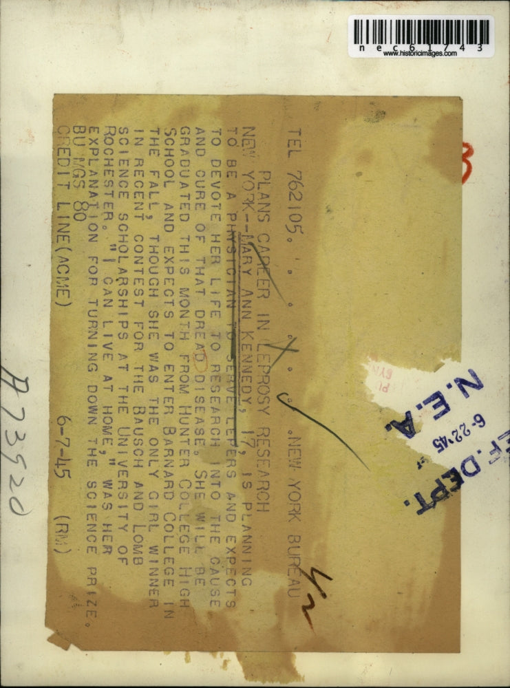 1945 Press Photo Mary Ann Kennedy to be a Physician for lepers