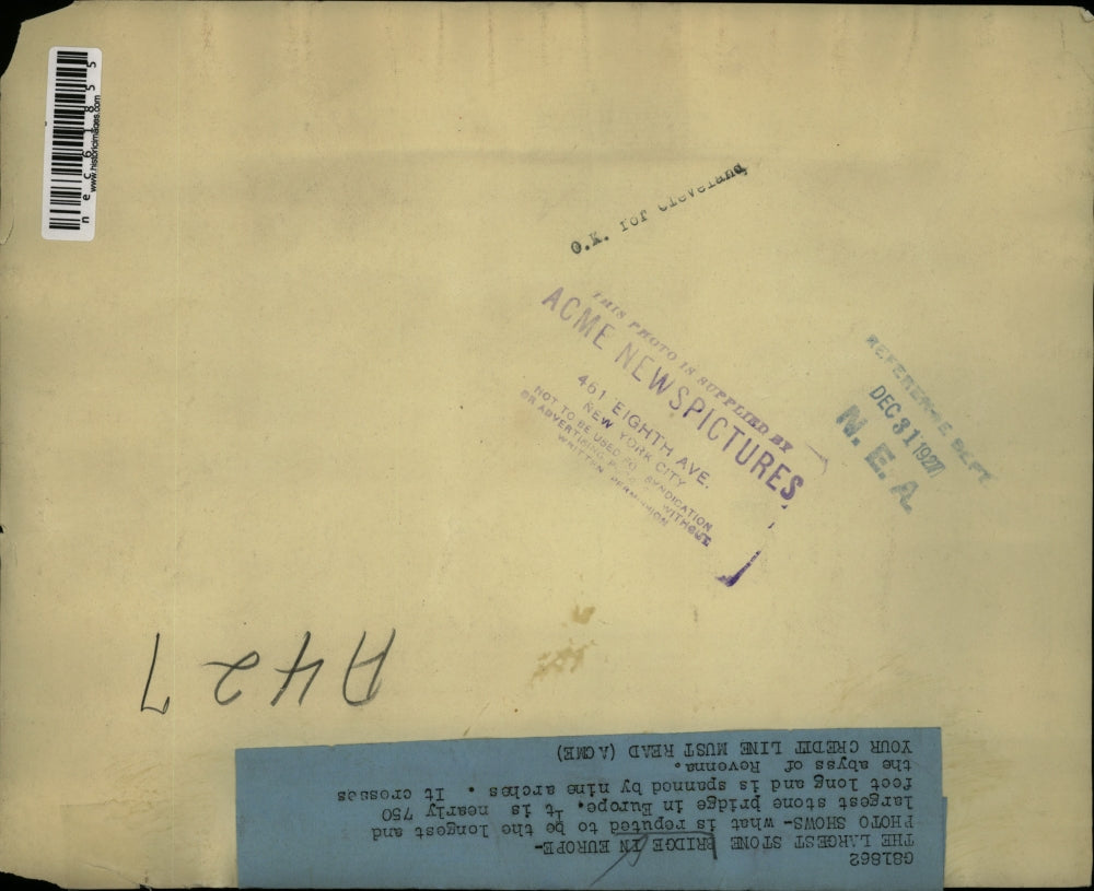 1927 Press Photo The largest stone bridge in Europe crosses abyss of Ravenna