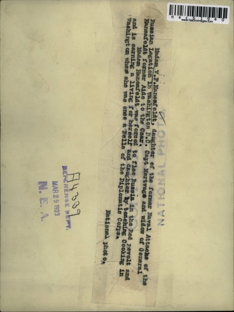 1923 Press Photo Madam V.P. Haneafeldt widow of former aide to Czar