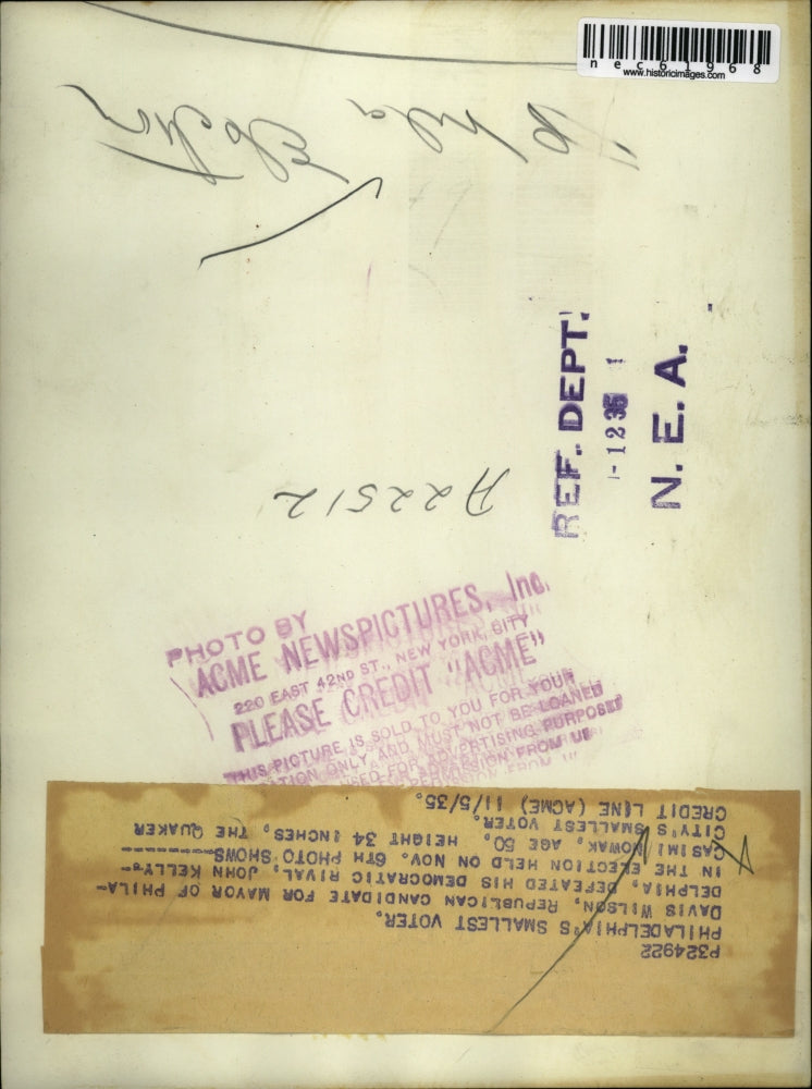 1935 Press Photo Philidelphia's smallest voter, Casini Rowan, age 50 height 34