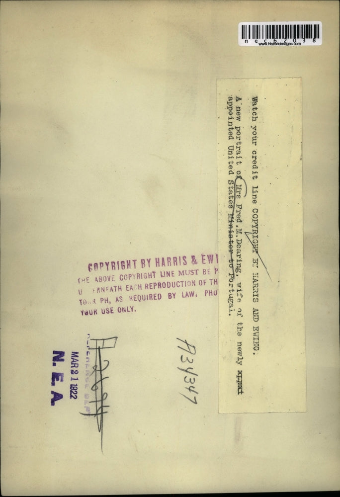 1922 Press Photo Mrs Fred M Dearing,wife of US Minister to Portugal