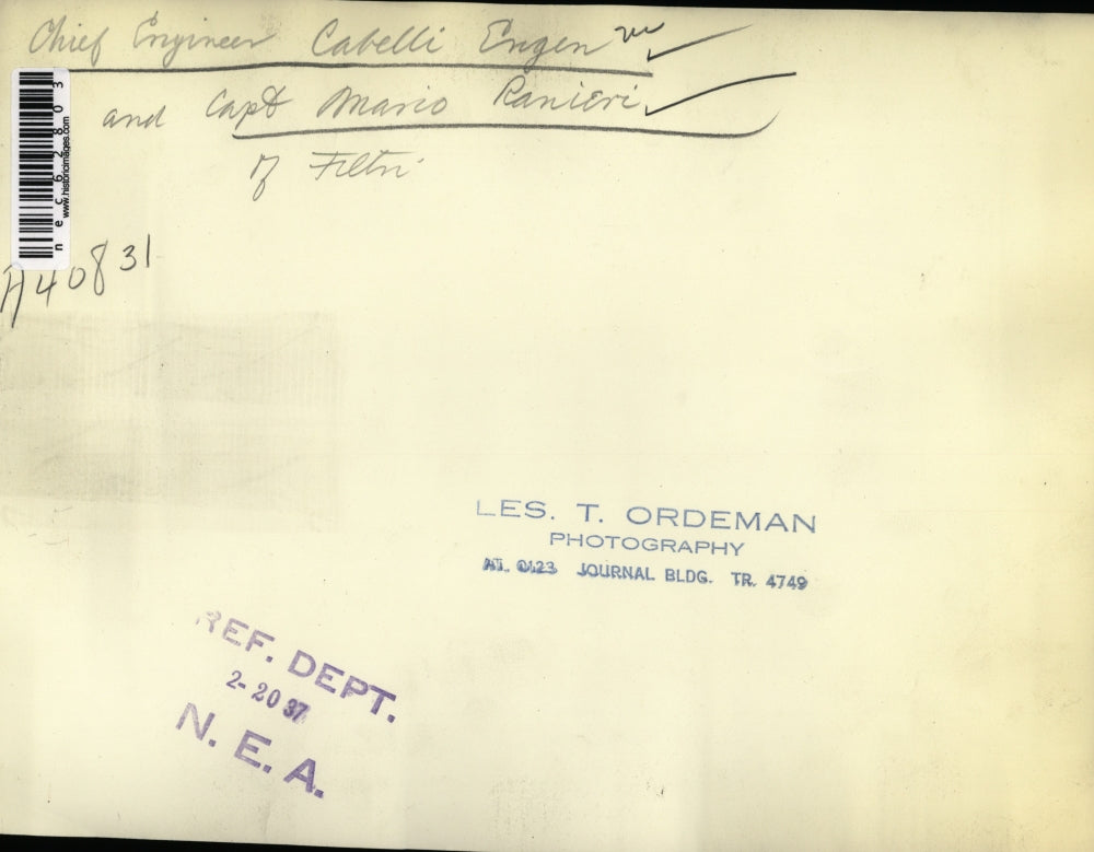 1937 Press Photo Chief engineer Cabelli Engen, Capt Mario Ranier - nec62803