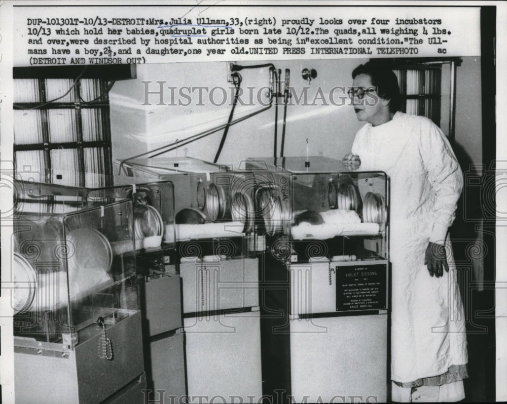 1958 Press Photo Julia Ullman with her quad girls in incubators
