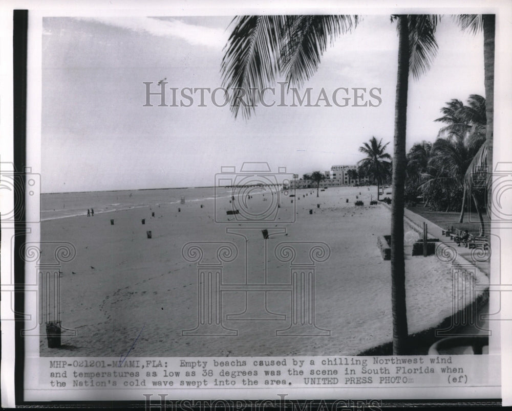 1955 Press Photo Miami Florida Empty beach low temperatures of 38 - nec63181