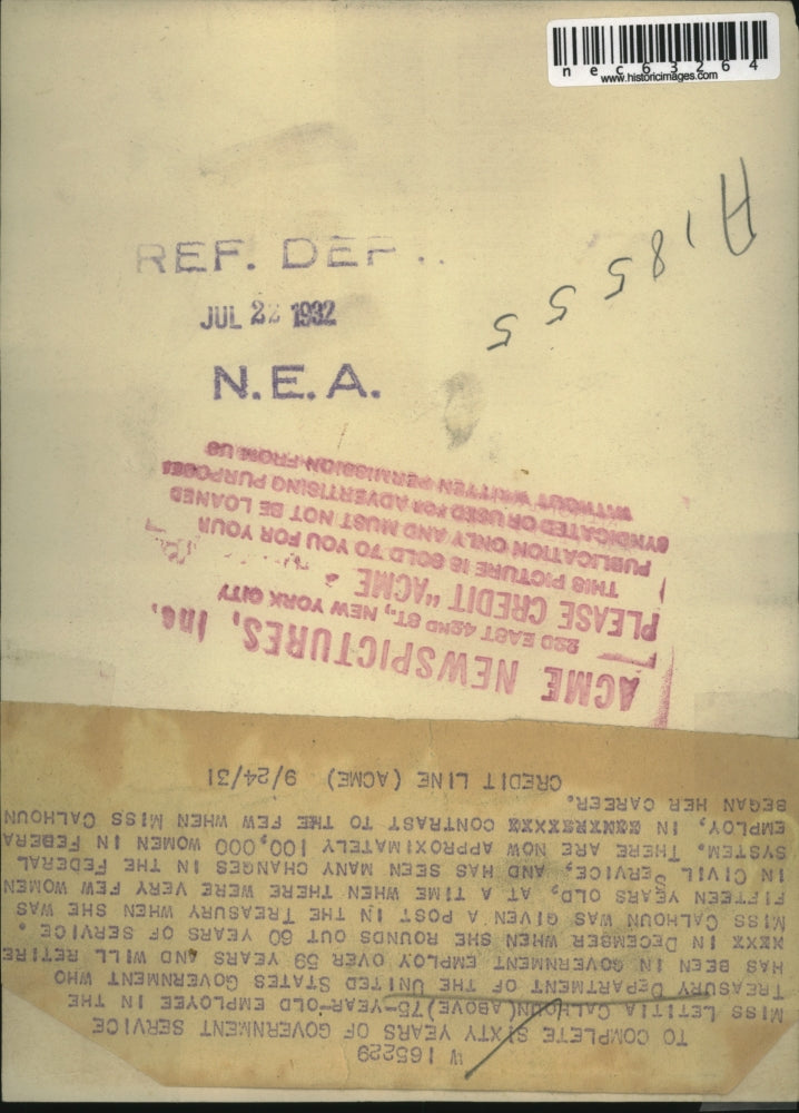 1931 Press Photo Miss Letitia Calhoun 75 Year Old Employee In The Treasury