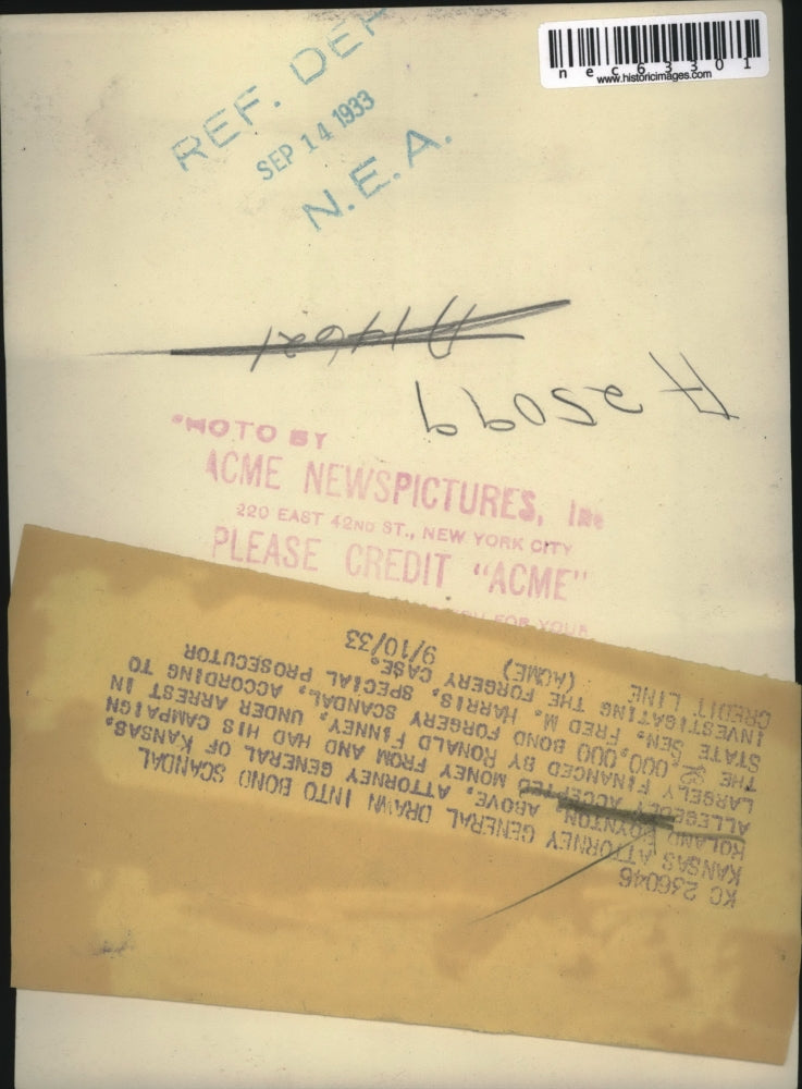 1933 Press Photo Kansas Atty Gen Roland Sdynton on bond forgery scandal in Texas