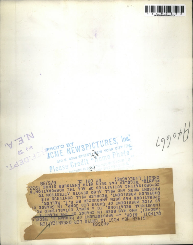 1938 Press Photo Herman Weckler's appointment as Vice Pres of Chrys Ler Corp.