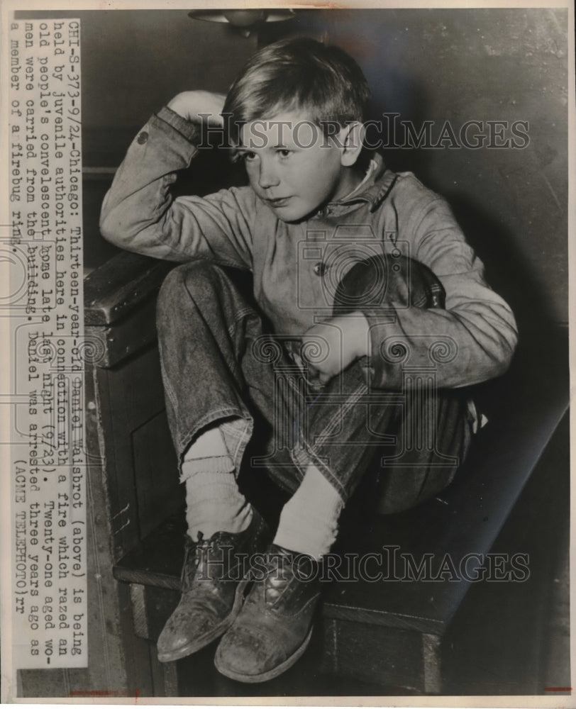 1947 Press Photo Daniel Waisbrot, 13, held for convalescent home fire
