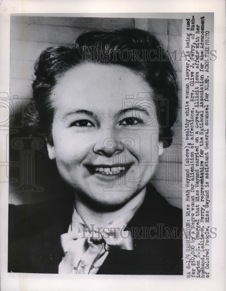 1950 Press Photo Lawyer Ruth Weyand Being Sued by Negro for Alienation Affection