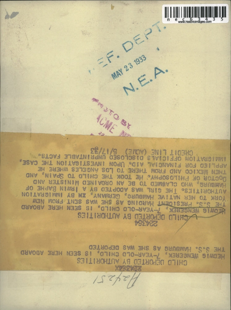 1933 Press Photo Hedwig Wengerek at Age 7 on SS President Being Deported