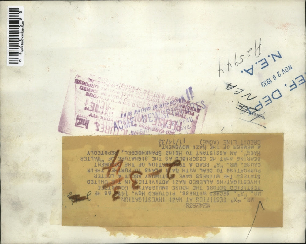 1933 Press Photo Mr. "X", Secret Witness, testifies at Nazi Investigation