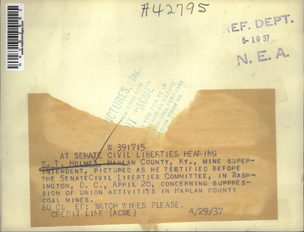 1937 Press Photo W.T. Holmes at Senate Civil Liberties hearing