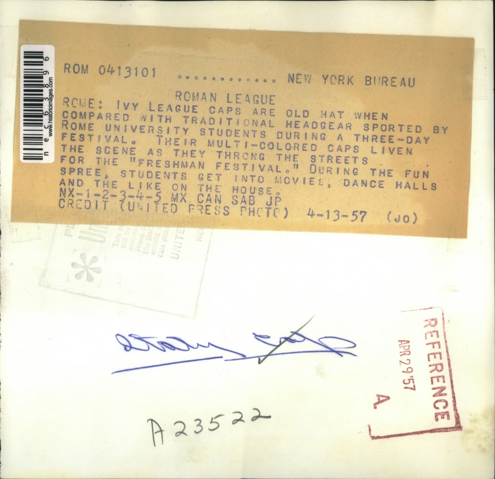 1957 Press Photo Rome University Students Showing Headgear During Festival