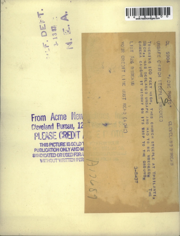 1937 Press Photo Church Steeples Wrecked Ypsilanti Declared Unsafe