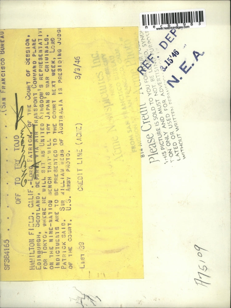 1946 Press PhotoHamilton Field, Calif. Lord Patrick of Scotland arrives