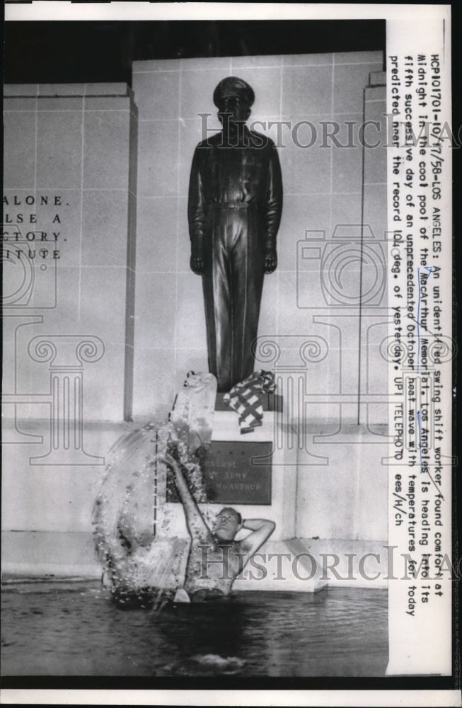 Load image into Gallery viewer, 1958 Press PhotoSwing shift Worker swimming in the pool at the MacArthur Memoria
