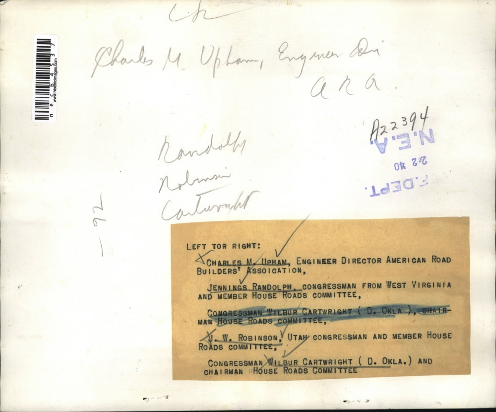 1940 Press Photo Charles Upham, Jen Randolph, Rep W Cartwright,JW Robinson in D.C.