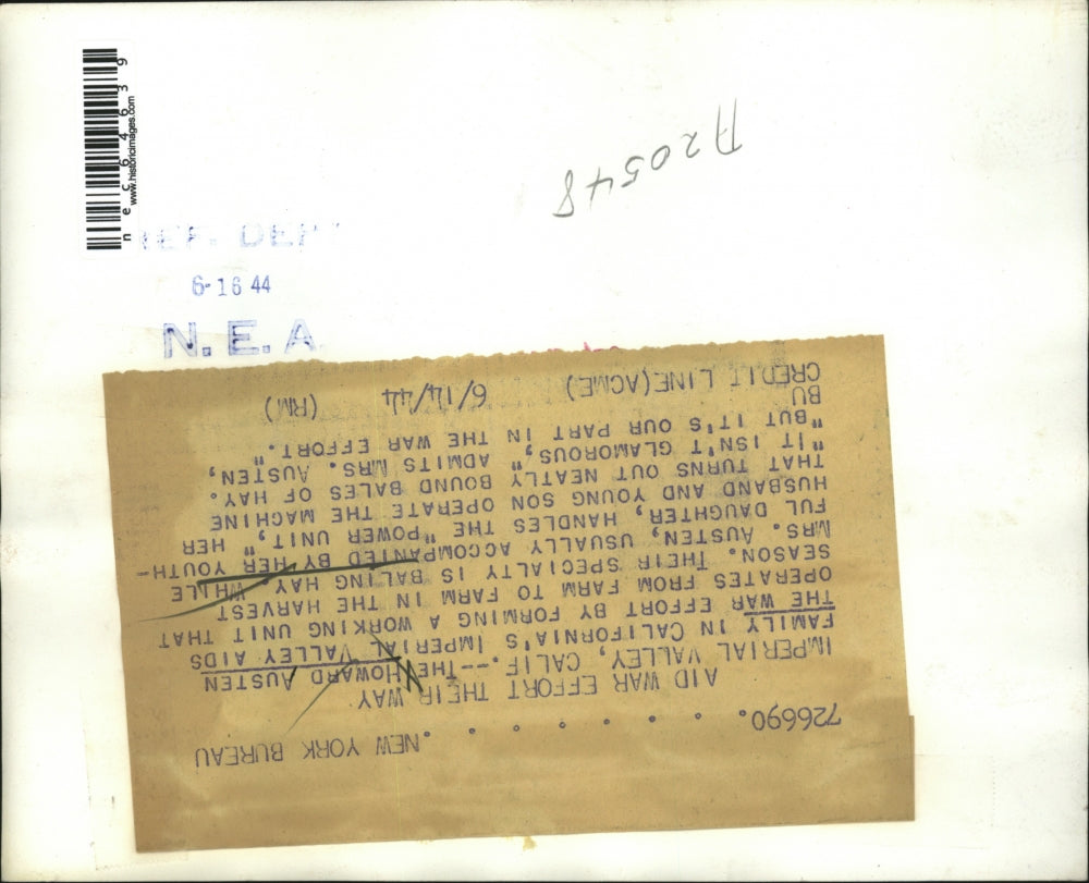 1944 Press Photo Howard Austen family baling hay in California to help war`