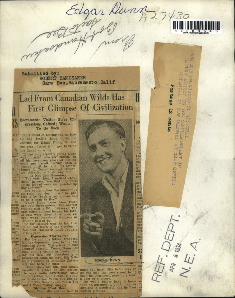 1934 Press Photo Canadian Edgar Dunn has 1st glimpse of civilization - nec64646