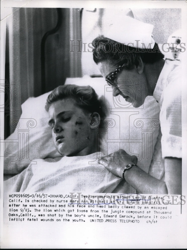 Load image into Gallery viewer, 1957 Press Photo Albert Lee checked by nurse Mary ann Mitchell at St. John's Hospital in Oxnard, Ca.
