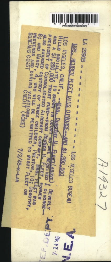 1945 Press Photo Dorothy Fleet divorces Reuben Fleet of Consolidated Aircraft Co