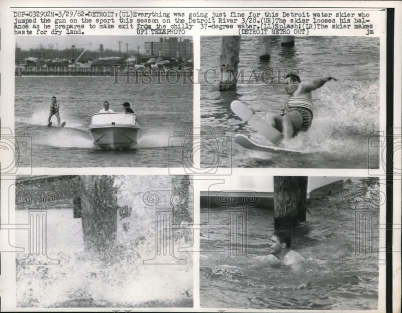 Load image into Gallery viewer, 1962 Press Photo Detroit, Mich. Water skier on the Detroit river in cold weather
