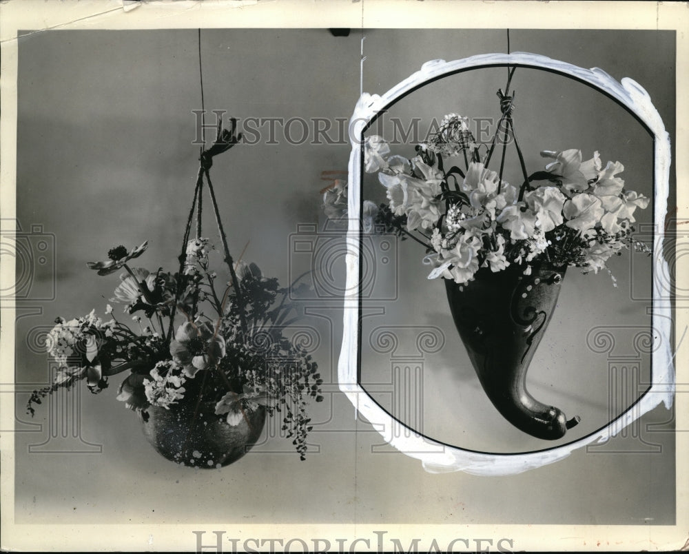 1936 Press Photo Hanging flower basket decorative displays